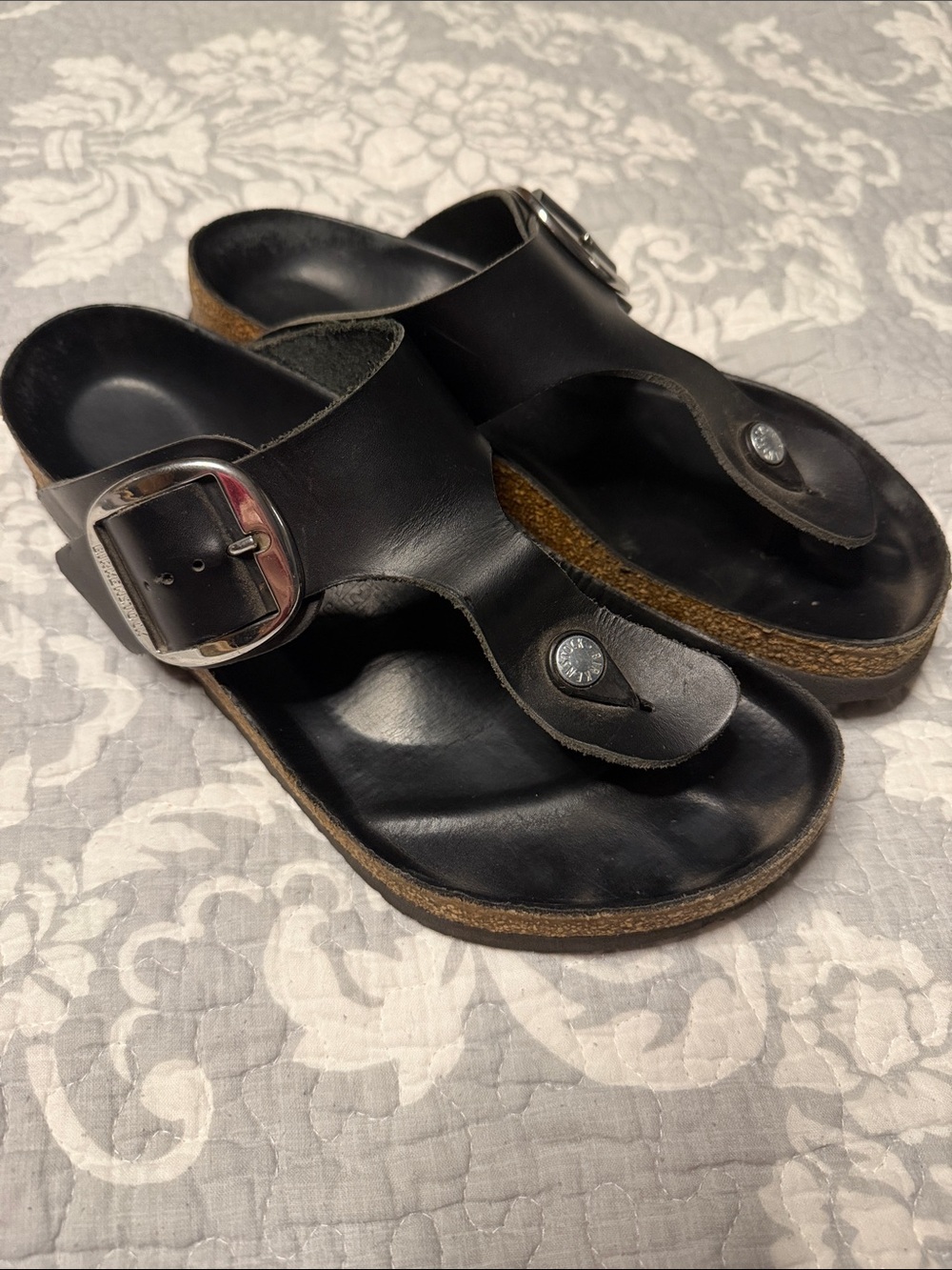 Birkenstock Black Leather Women's Toe-Post Sandals with Silver Buckle